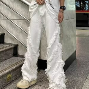 High Street Structure Design Raw Hem Jeans Men's Straight Advanced Retro Trousers