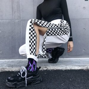 WHITE CHECKERBOARD ZIP UP PANTS