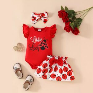 Three-piece Suit Cute Beetle Print Flounced Sleeve Romper With Short Skirt With Headscarf