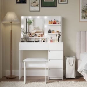 Vanity, Makeup Vanity Desk Set With Mirror & Light, Dressing Table Storage Lots With Power Strip, 3 Lighting Modes With Adjustable Brightness, 37 Inches White With Stool